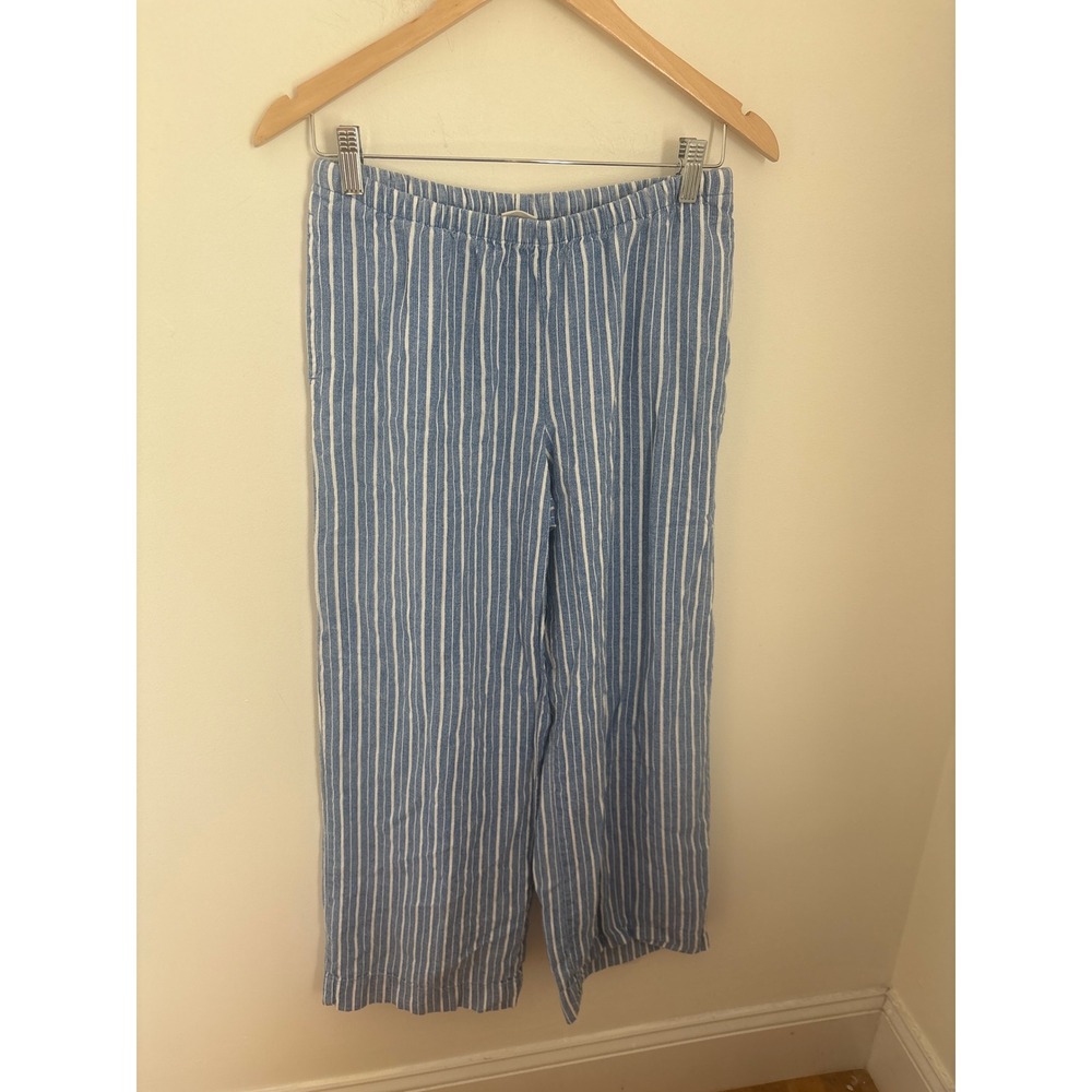 A New Day Blue White Striped Linen Blend Elastic‎ Waist Straight Leg Pants S